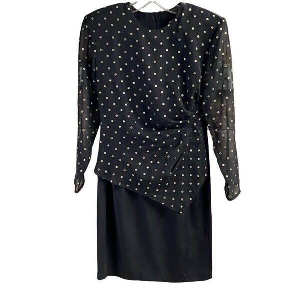 Scarlett Stunning 80s Polka Dot Pencil Dress in Black and Gold, Size 5 - Picture 1 of 9